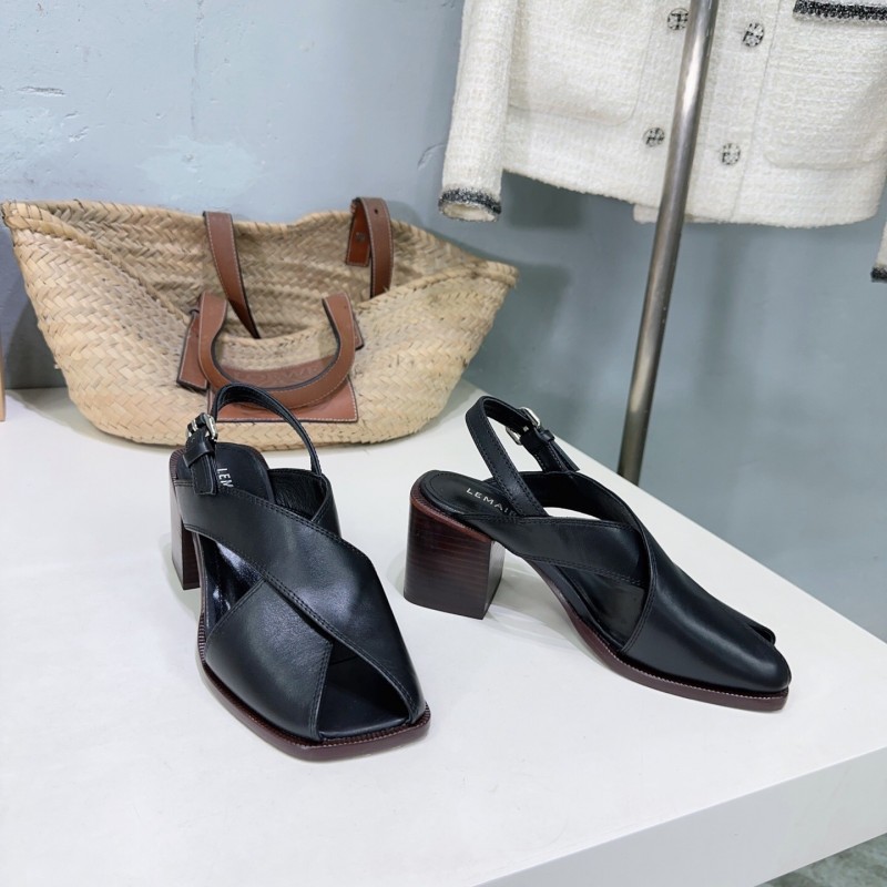 2025 Women Lemaire Black Leather Block Heel Sandals
