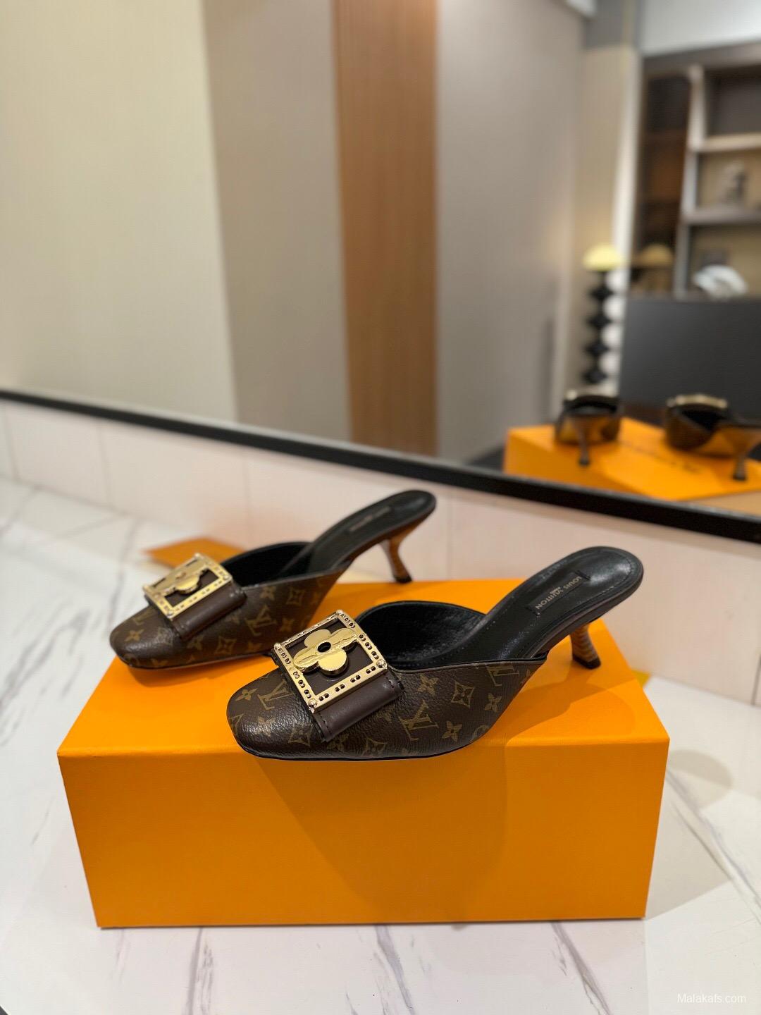 2025 Women Louis Vuitton Brown Leather Mules KFY00320