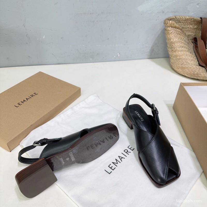 2025 Women Lemaire Black Leather Sandals KFY00310