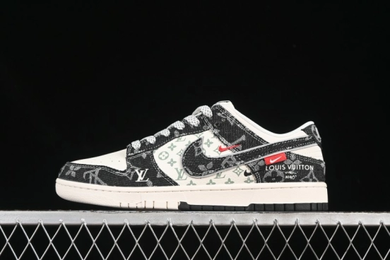 Nike SB Dunk Low LV Collaboration Black Denim Black Swoosh Anniversary High-End Custom Low-Top Casual Skate Shoes - YX5066-351