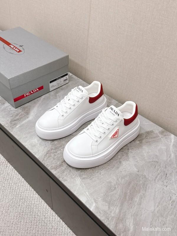 2025 Unisex Prada White Red Calf Leather Sneakers KFY00290