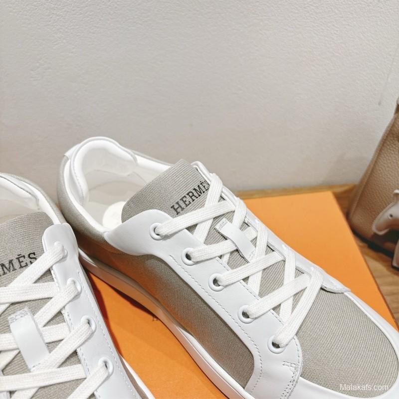 2025 Unisex Hermès White Light Grey Leather Fabric Sneakers AS00380