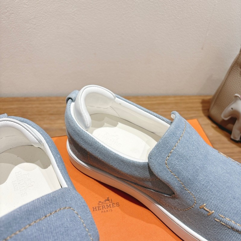 2025 Unisex Hermès Light Blue Canvas Leather Loafers AS00380