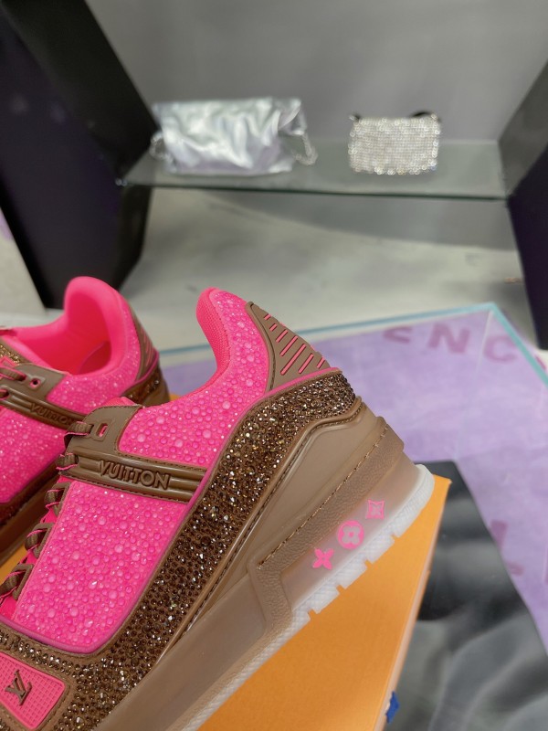 2025 Unisex Louis Vuitton Pink Brown Leather Canvas Plimsolls Handcrafted Crystals AS00400
