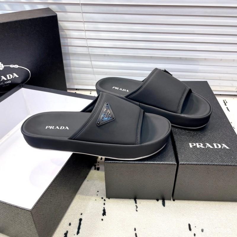2025 Men Prada Black Fabric Slippers Logo KFY00230