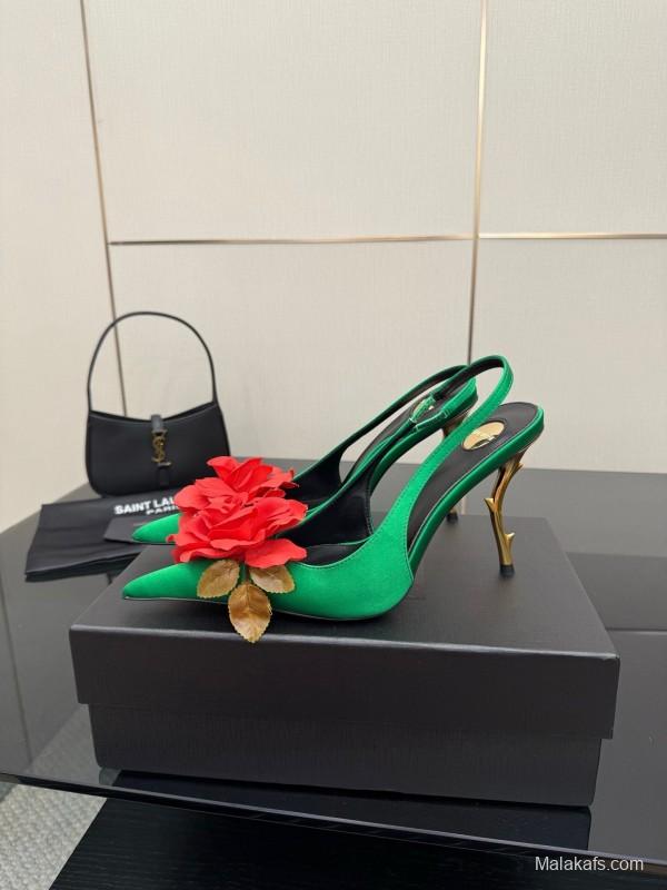 Saint Laurent 2025 Spring/Summer Rose Thorn High Heels with Sculptural Gold Heel - KFY00320
