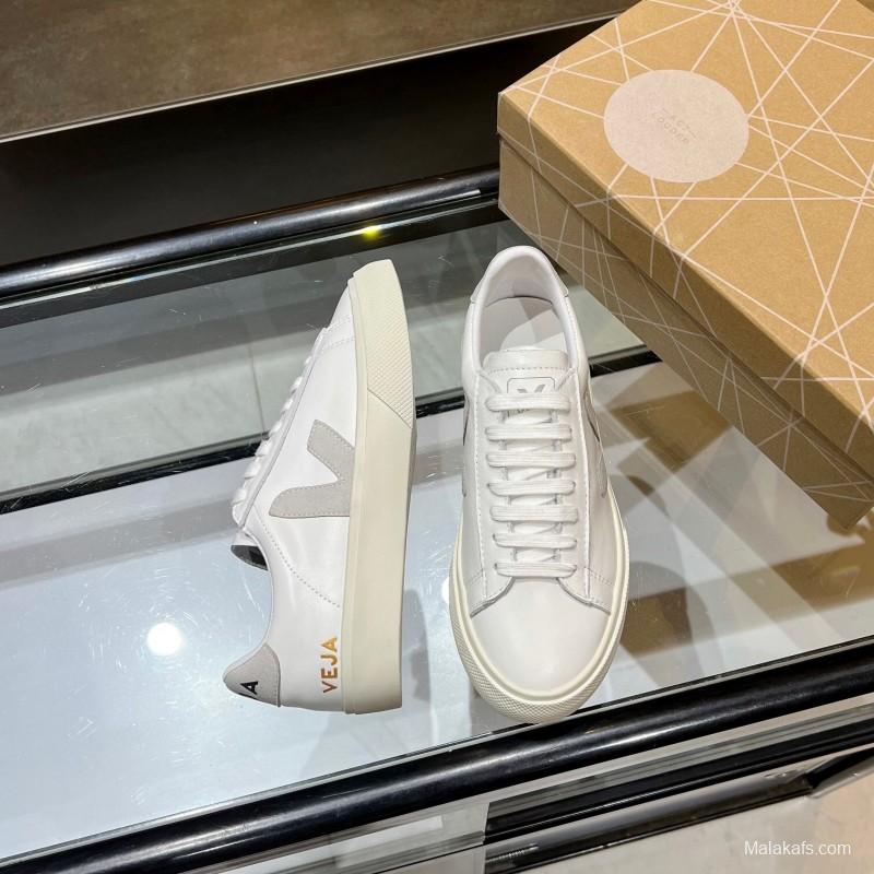 VEJA Classic White Sneakers V Logo Lace-Up Retro Flat Platform Casual Sports Shoes - LY00220