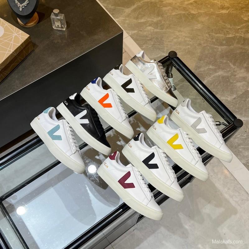 VEJA Classic White Sneakers V Logo Lace-Up Retro Flat Platform Casual Sports Shoes - LY00220