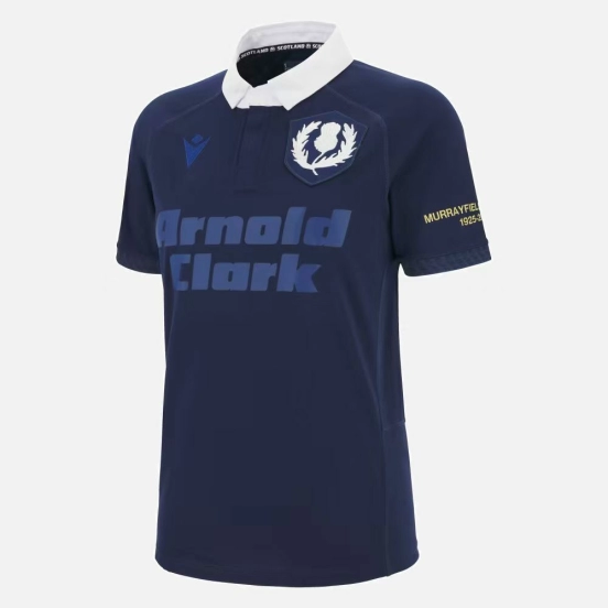 2025 Scotland Rugby  150th Anniversary Navy Blue with White Collar and Murrayfield Commemorative Detail Jersey