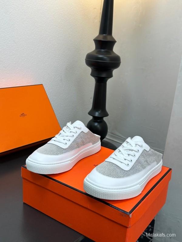 Hermes Deep Series Couple White Sneakers Casual Skate Shoes - AS00320