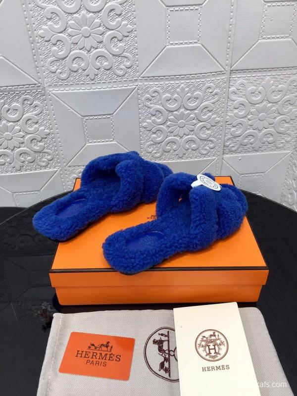 H Hermes Teddy Wool H Slippers Flat Sole Fur Slides - LY00240