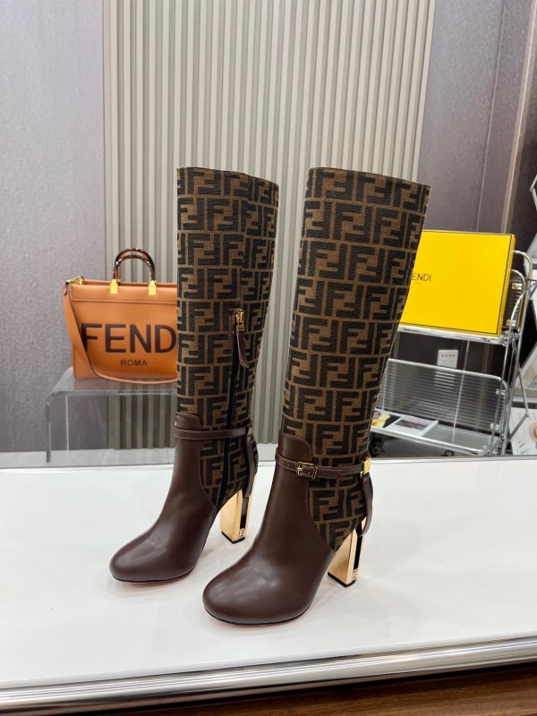 FENDI Delfina Round Toe Boots with FF Buckle and Heel Detailing - LY00