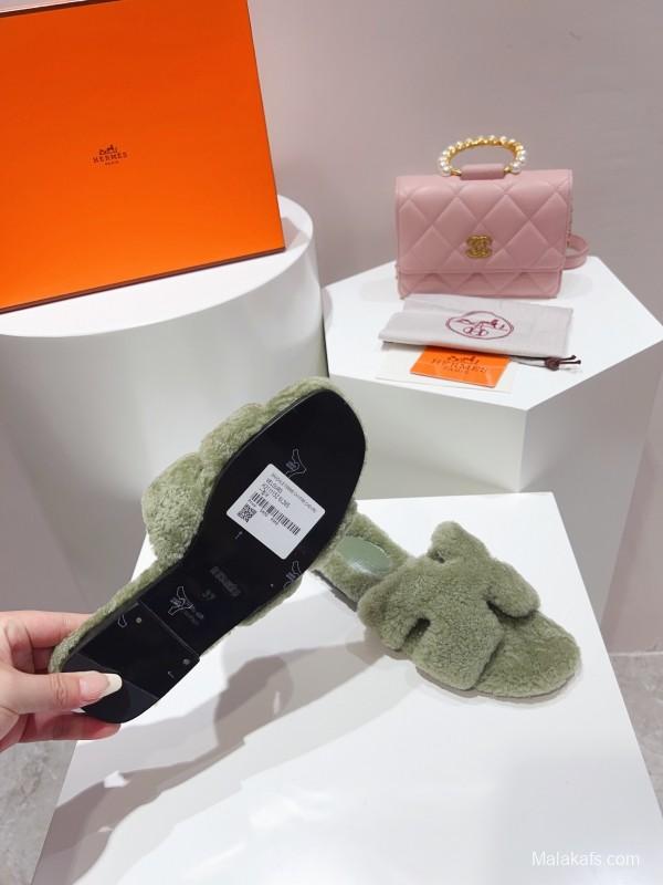 H Teddy Wool H Slippers Flat Sole Fur Slippers for Autumn Winter - LY00240
