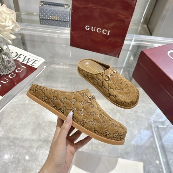Gucci Camel Suede GG Embossed Horsebit Mule Sandals - LY00240