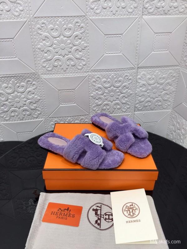 H Eiderdown Teddy Wool H Slippers Flat Sole Fur Slides - LY00240