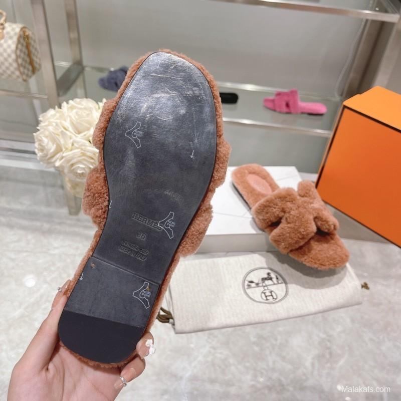 H Teddy Wool Flat Slippers for Autumn/Winter - LY00240