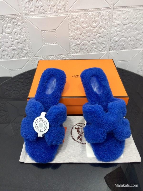 H Hermes Teddy Wool H Slippers Flat Sole Fur Slides - LY00240