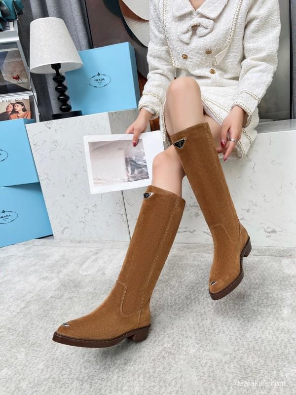 Prada Classic Triangle Logo Pointed Toe Boots - LY00400