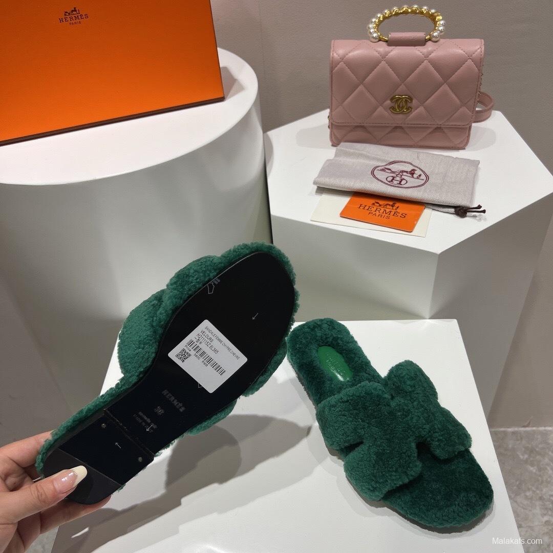 H Teddy Wool H Slippers Flat Sole Fur Slippers - LY00240