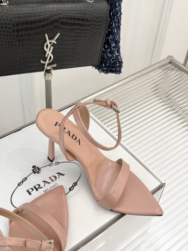 Prada 2025 SS Pointed Toe High Heel Sandals with Triangle Buckle - KFY00280