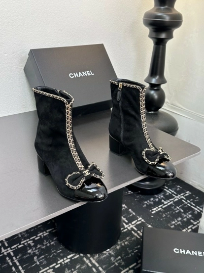 Chanel 2025 SS Chain Bow Chunky Heel Ankle Boots - LY00370