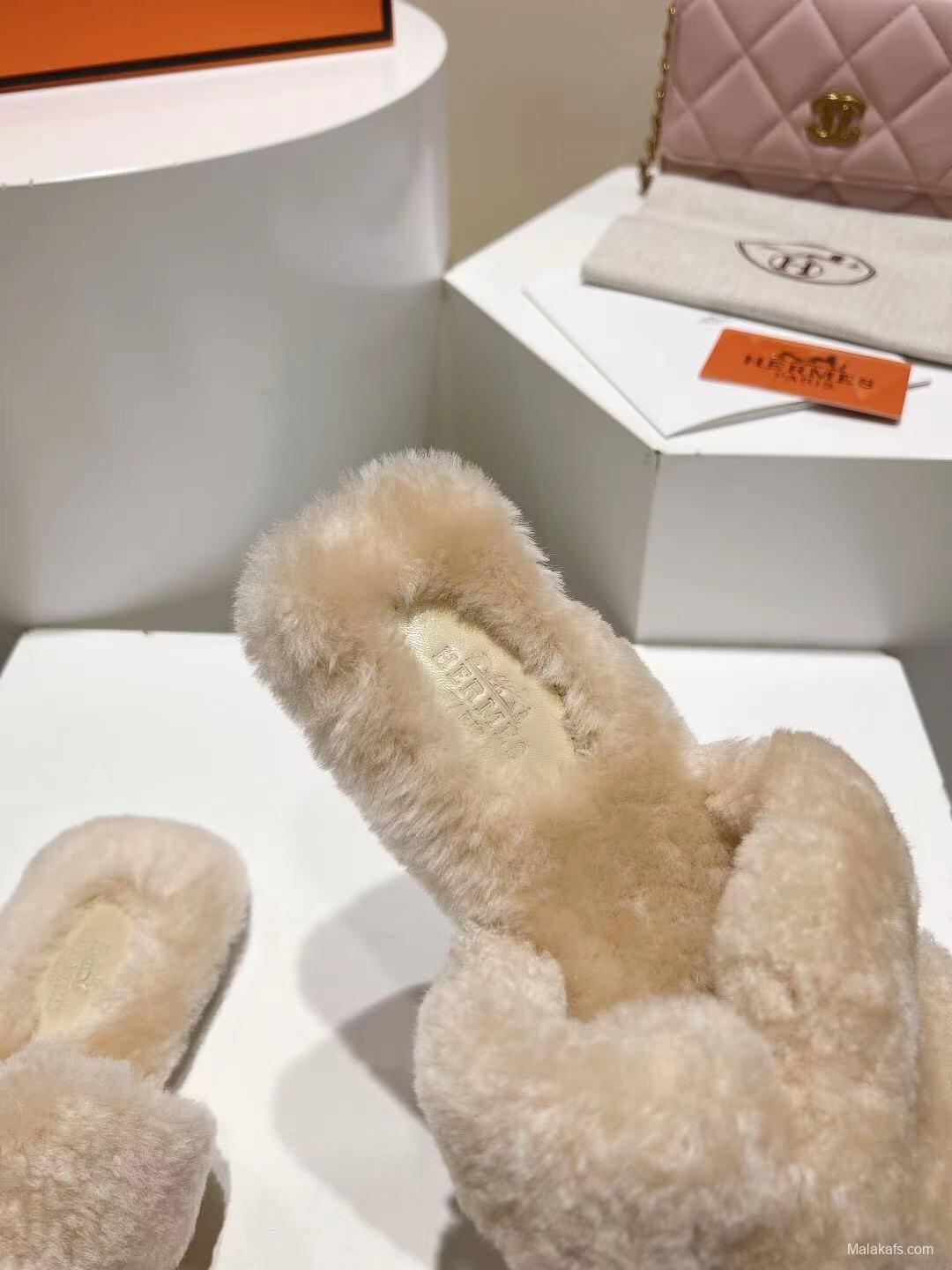 Hermès 2025 SS Autumn Winter Flat Wool Slippers - LY00240