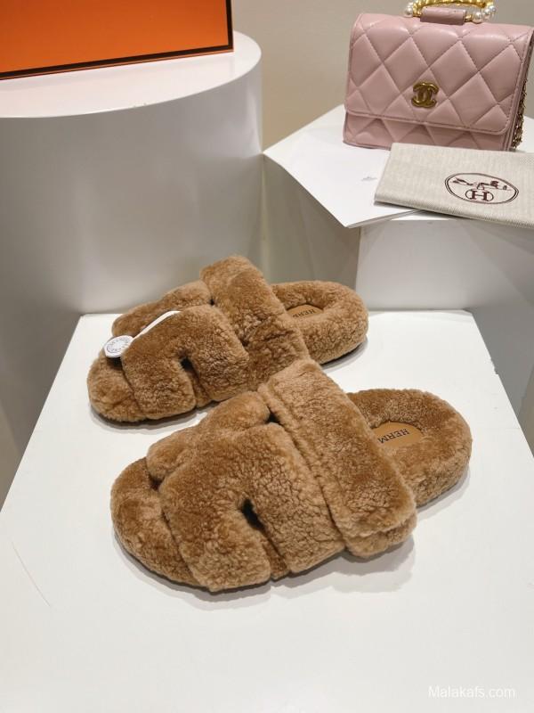 H Love Tulle Full Wool Fur Slippers with Wavy Fur - LY00270