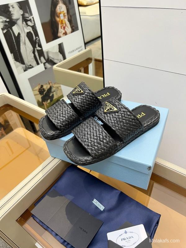 Prada 2025 SS Raffia Handwoven Open-Toe Sandals - KFY00260