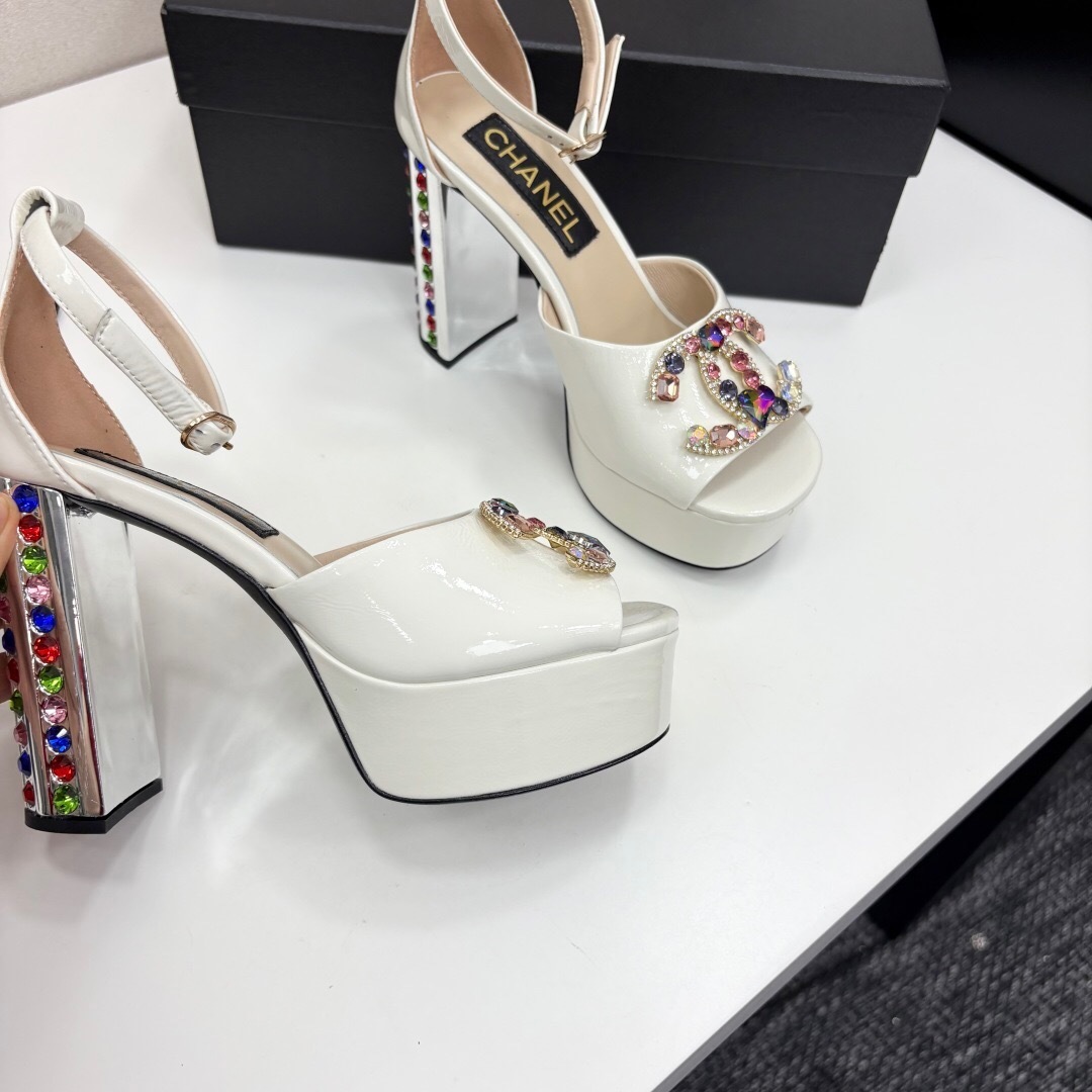 Chanel 2025/SS Glamorous Rhinestone Chunky Heel Platform Strappy Sandals - KFY00350