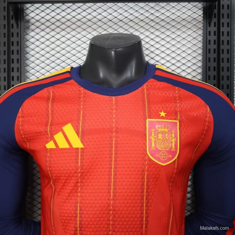 Player Version 2026 Spain Home Long Sleeve Red with Vertical Stripe Pattern Jersey