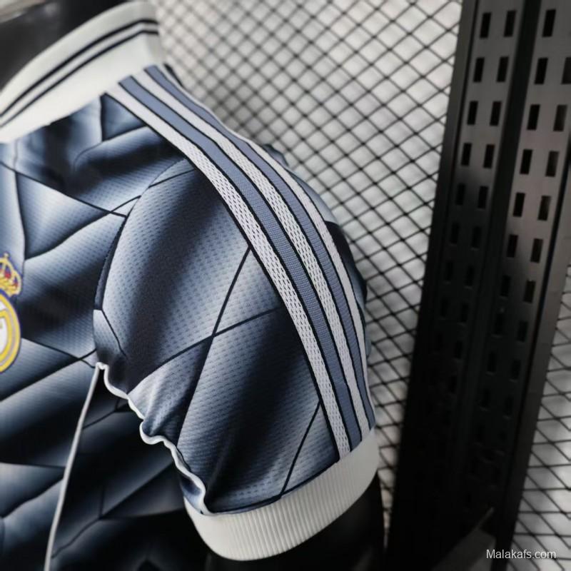 Player Version  1988/89 Real Madrid Third Navy Blue with 3D Geometric Chevron Pattern Jersey