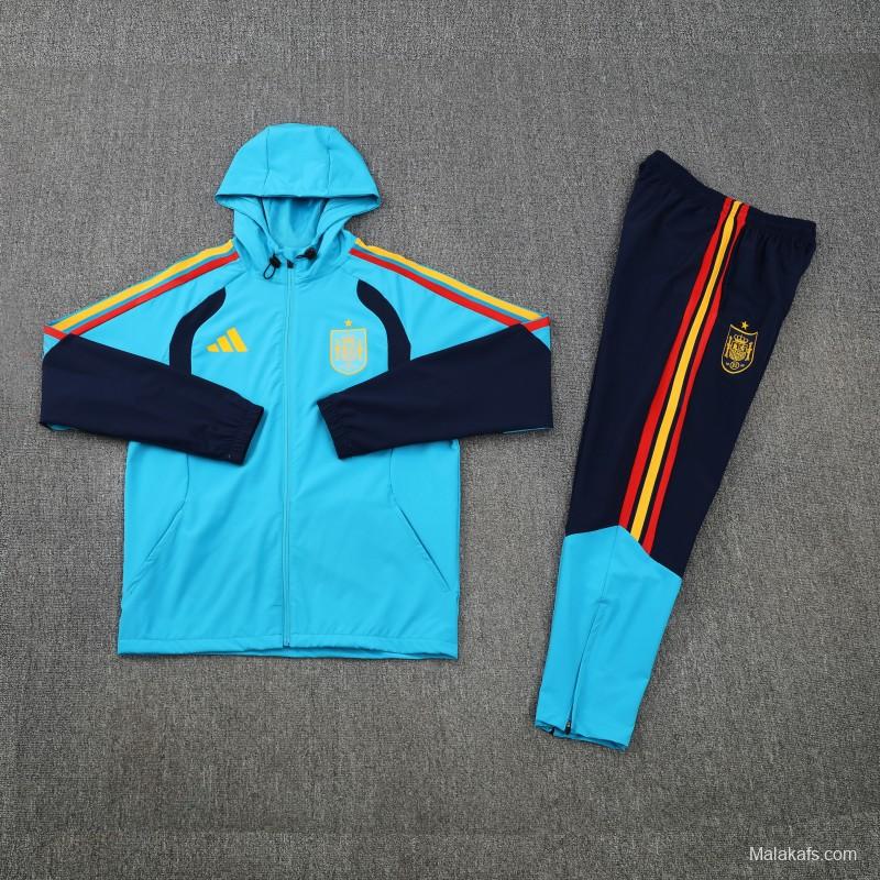 26/27  Spain Light Blue & Navy Blue Full Zipper Hooded Jacket Tracksuit + Long Pants