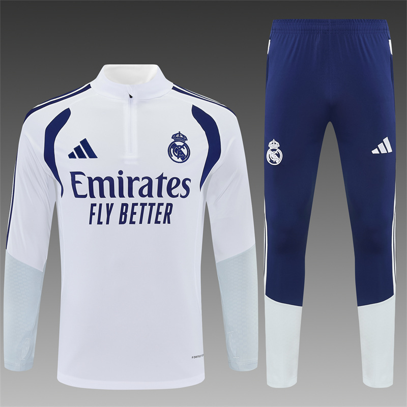 26/27 Kids Real Madrid Home White Half Zipper Jacket Tracksuit + Long Pants