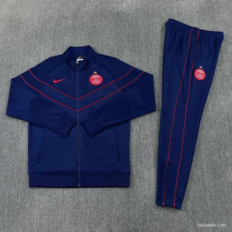 26/27 Paris Saint-Germain Navy Blue with Red Chevron Stripe Full Zipper Jacket Tracksuit + Long Pants (Home)