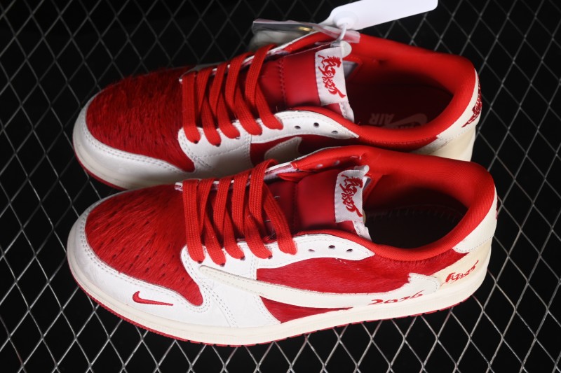 Nike Travis Scott x Fragment Design x Air Jordan 1 Low OG SP White Red Horsehair Casual Sneakers - XS2025-090