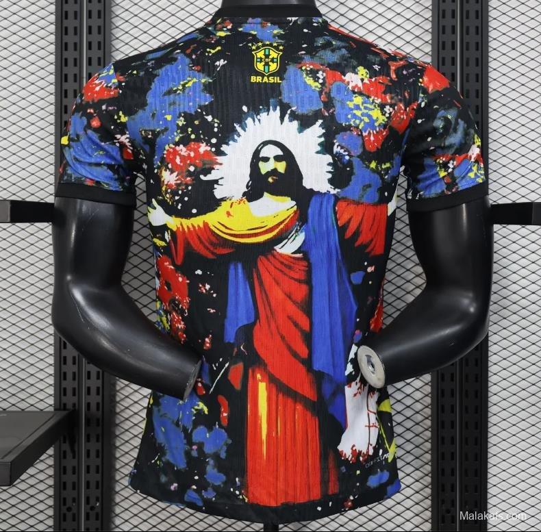 Player Version 2025 Brazil Black with Jesus Christ Artwork Jersey