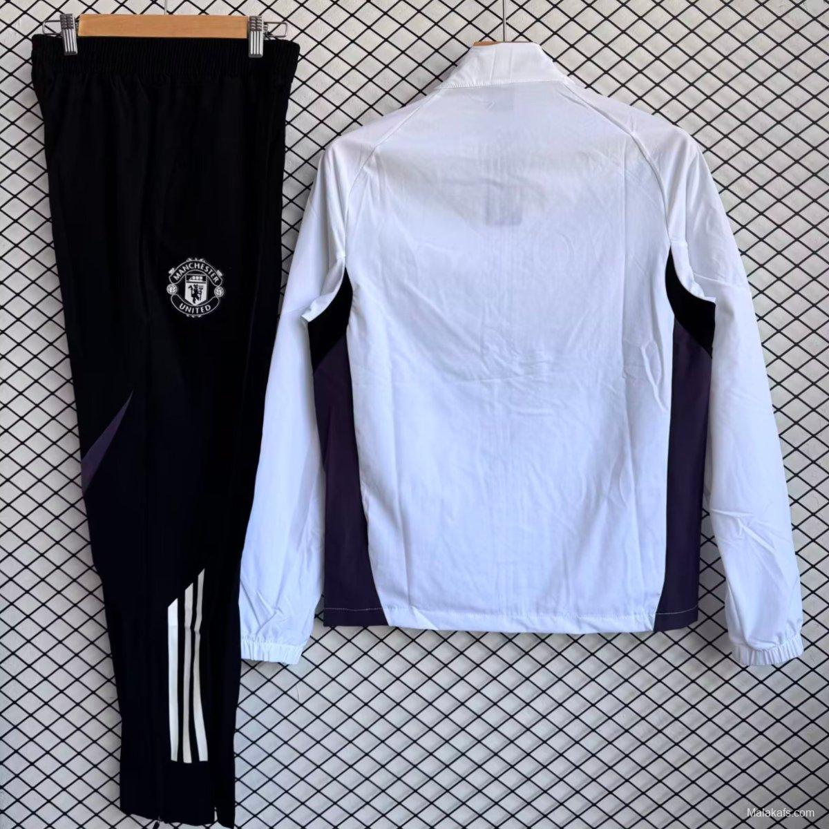 25/26 Manchester United White with Black Full zipper Jacket Tracksuit+ long pants