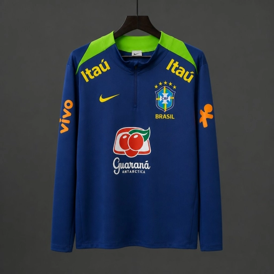 2024 Brazil Navy Blue with Lime Green Long Sleeve Half-Zip Training Top