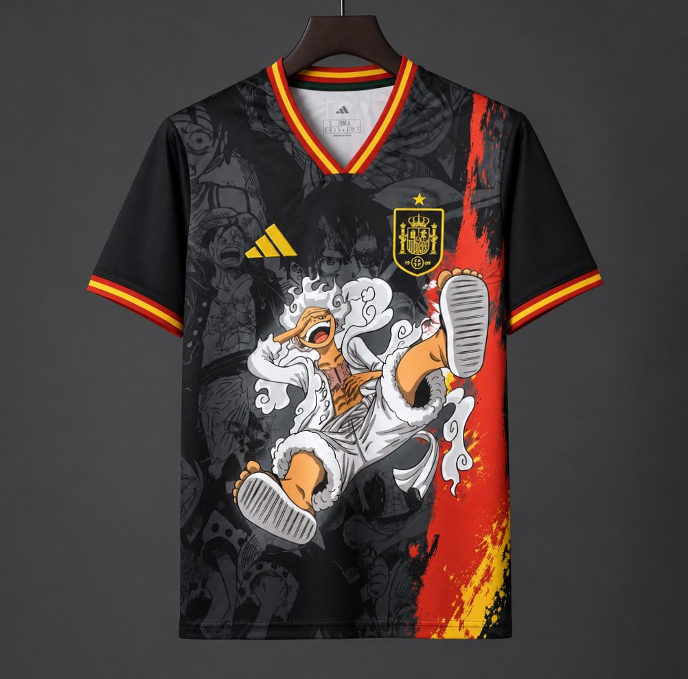 2026 Spain Special Edition Black Red and Yellow Gear 5 Luffy Anime Graphic Soccer Jersey
