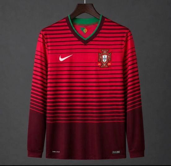 Retro 2014 Portugal Home Red with Dark  Stripes Long Sleeve Jersey